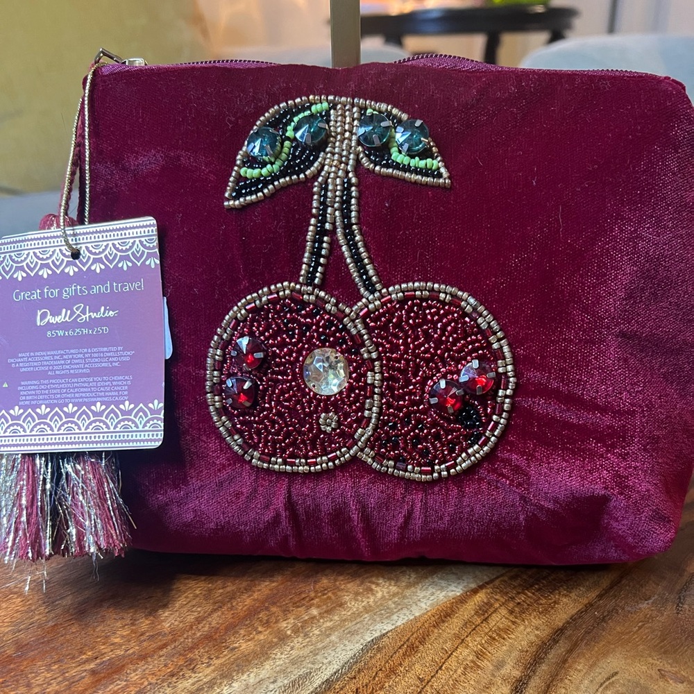 T.J.Maxx Burgundy‎ Velvet Cherry Cosmetic Bag